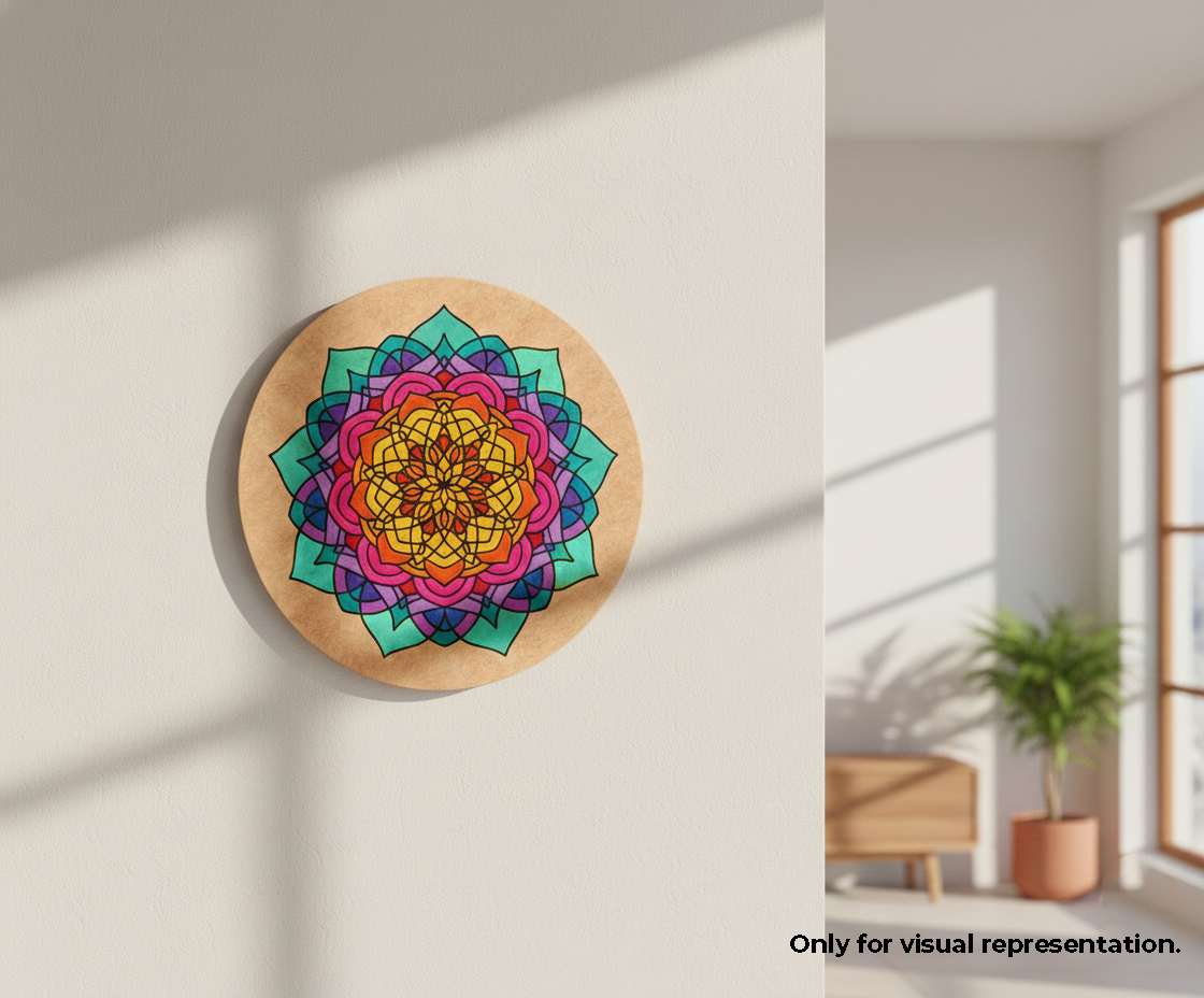 MDF DIY  Colorful mandala wall art on a wooden board in a room with a plant and window.