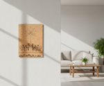 MDF DIY  wall art piece on a white wall with a living room setting in the background.