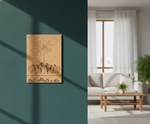 MDF DIY wall art piece on a teal wall next to a living room with a sofa and coffee table.