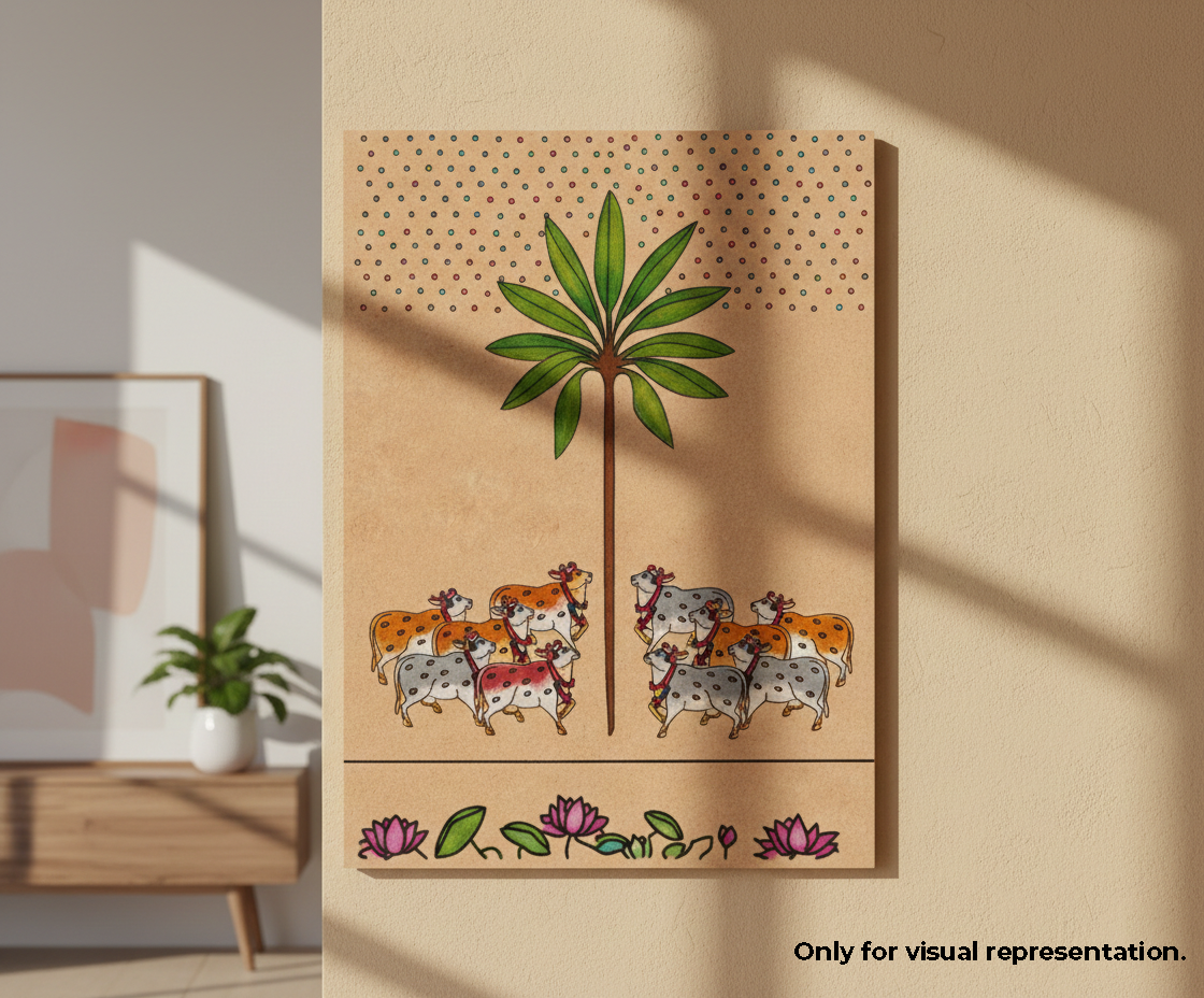 Decorative MDF DIY wall art with cows and a palm tree on a beige background