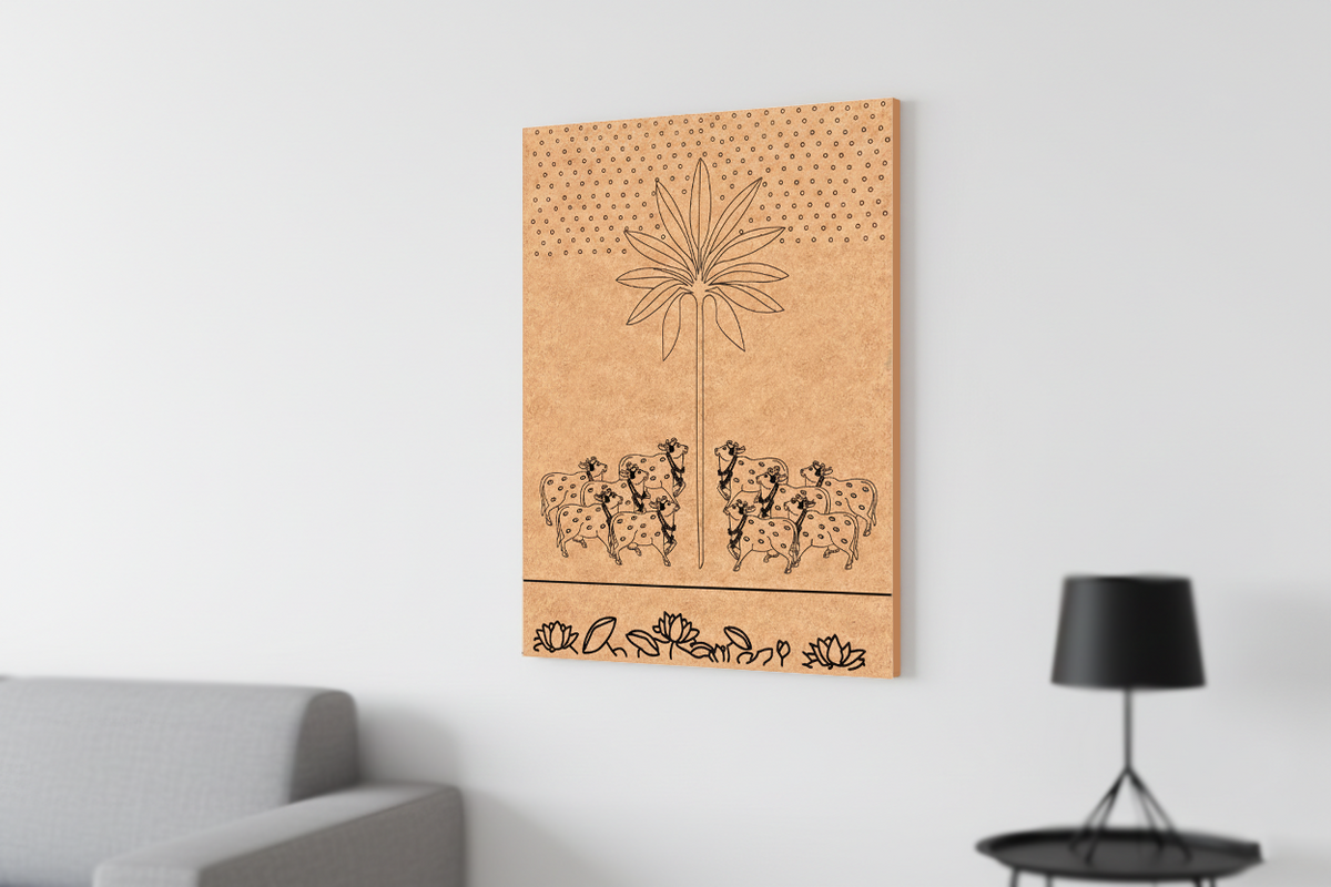 Decorative MDF DIY wall art  with cut-out designs on a wall in a living room setting.