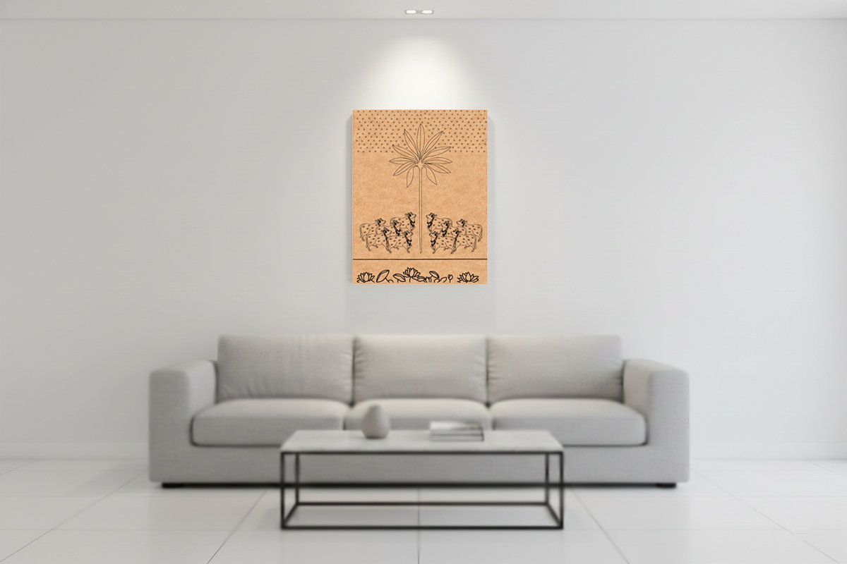 Gray sofa in a room with a wall-mounted decorative piece featuring a star and text.