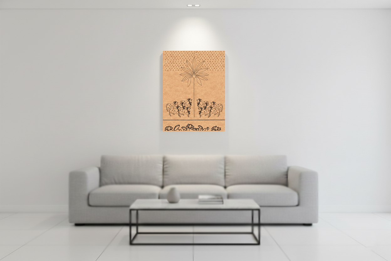 Gray sofa in a room with a wall-mounted decorative piece featuring a star and text.