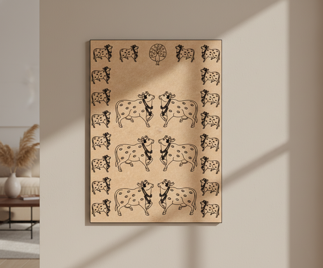 MDF DIY Framed artwork of cow illustrations on a beige wall