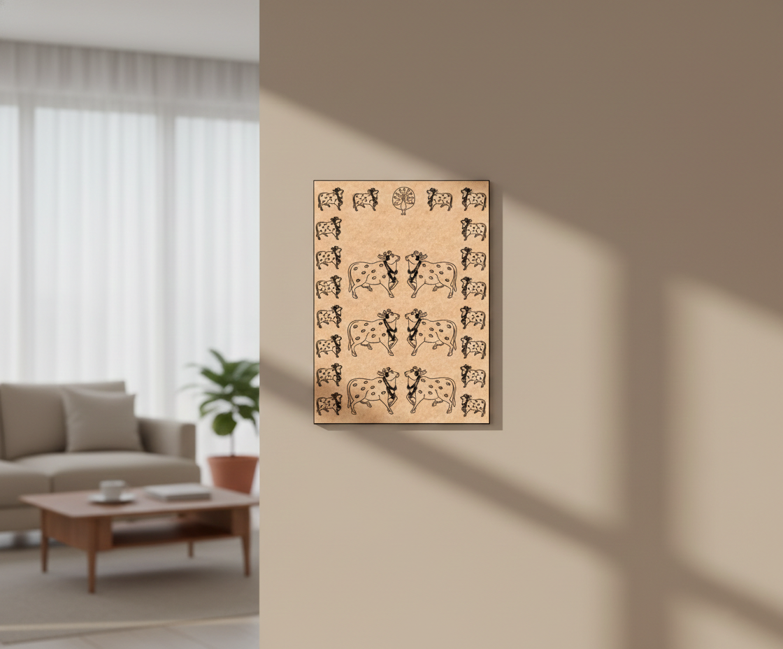 MDF DIY Framed artwork of cows on a beige wall in a living room.