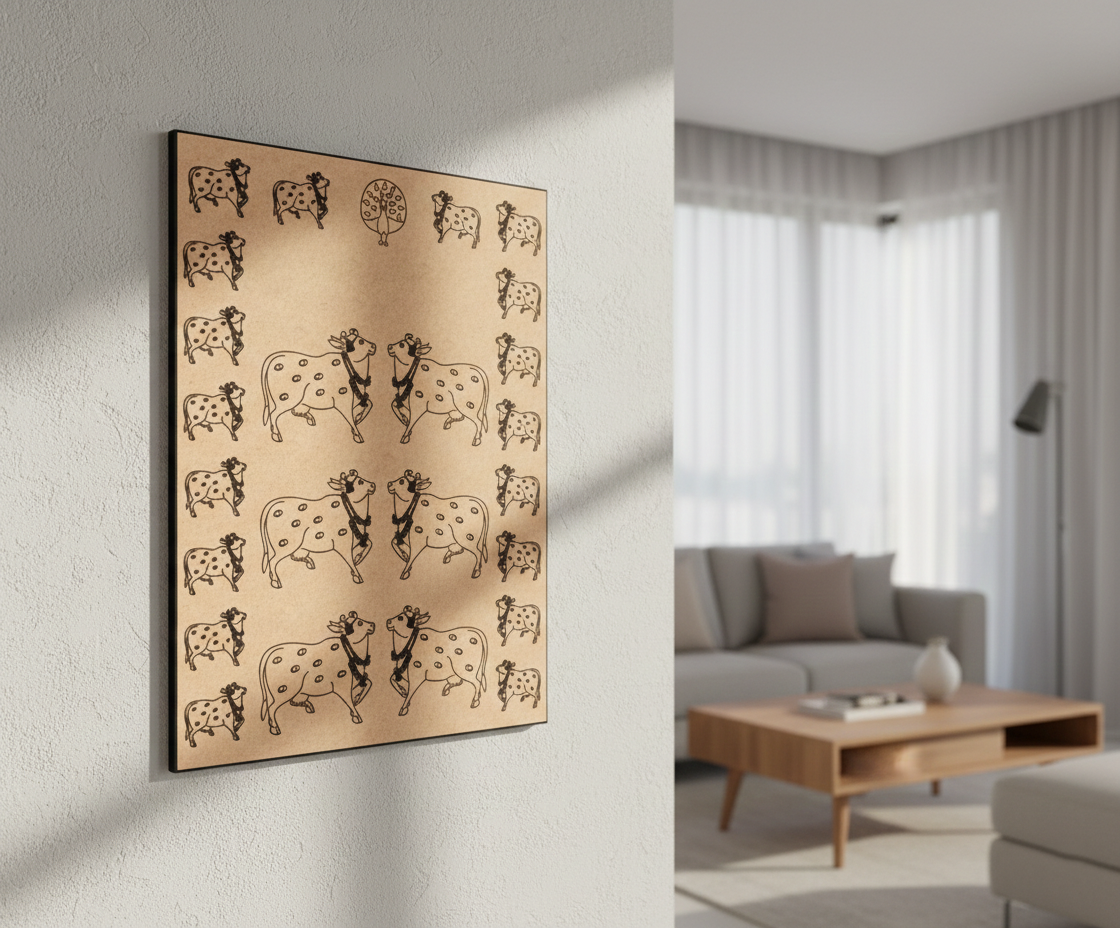 MDF DIY  wall art with cow illustrations in a living room setting