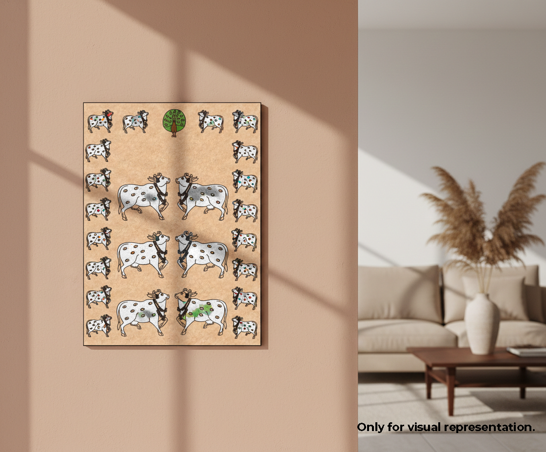 MDF DIY wall art of cows and a tree on a beige wall.