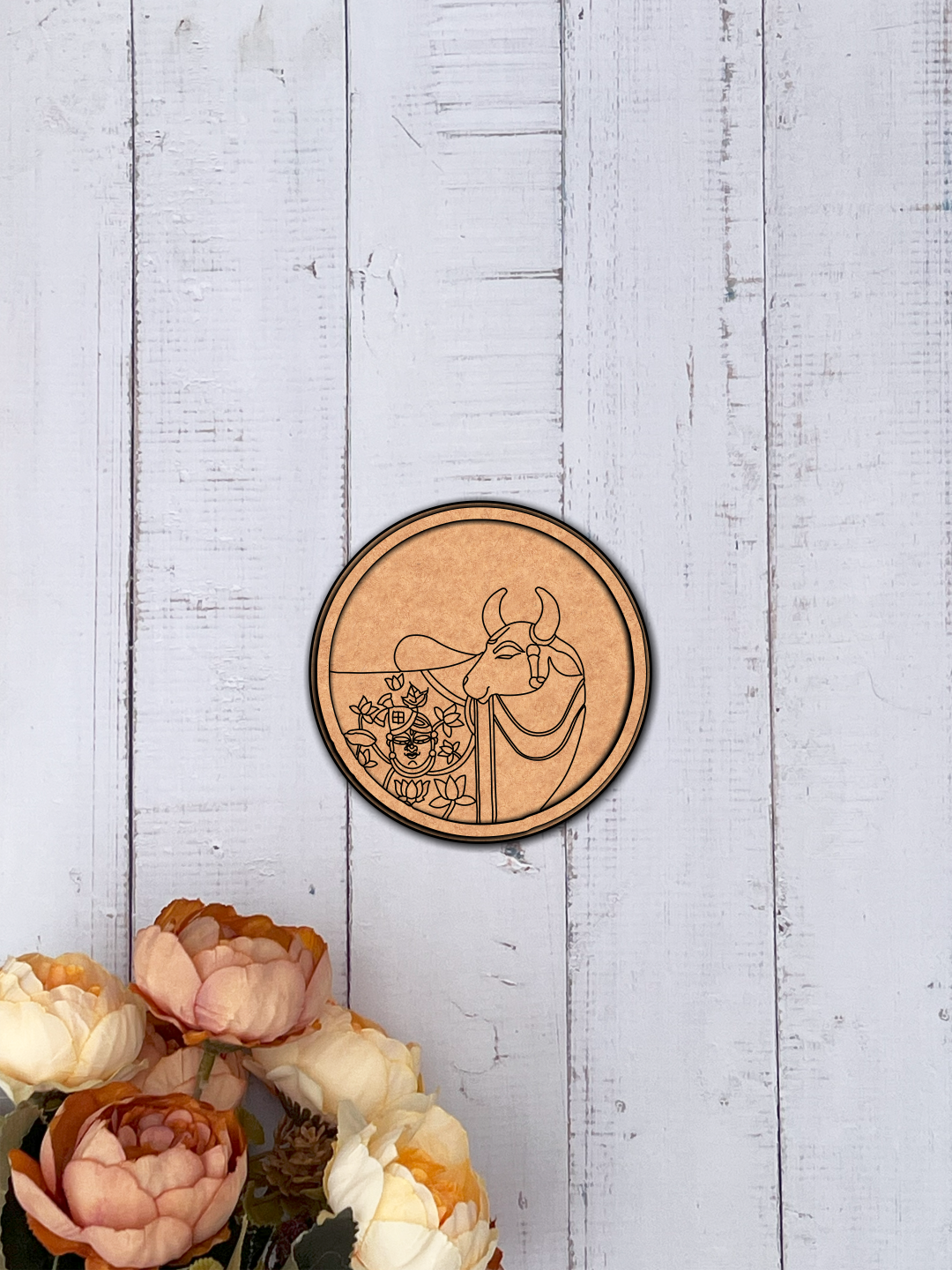 MDF Bordered Pre Marked Base for DIY Painting Craft round board with engraved outline design hanging on wooden wall