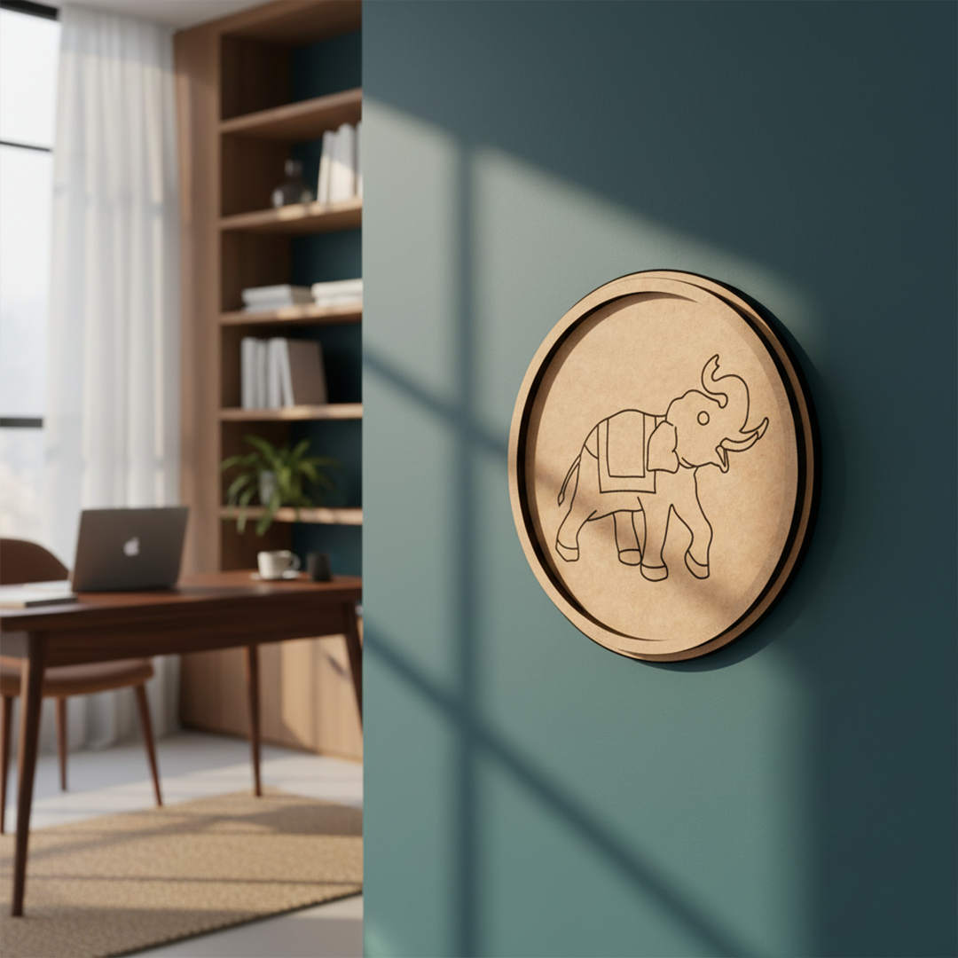 MDF Bordered Pre Marked Elephant Base for DIY Craft round board with engraved elephant outline hanging on wall