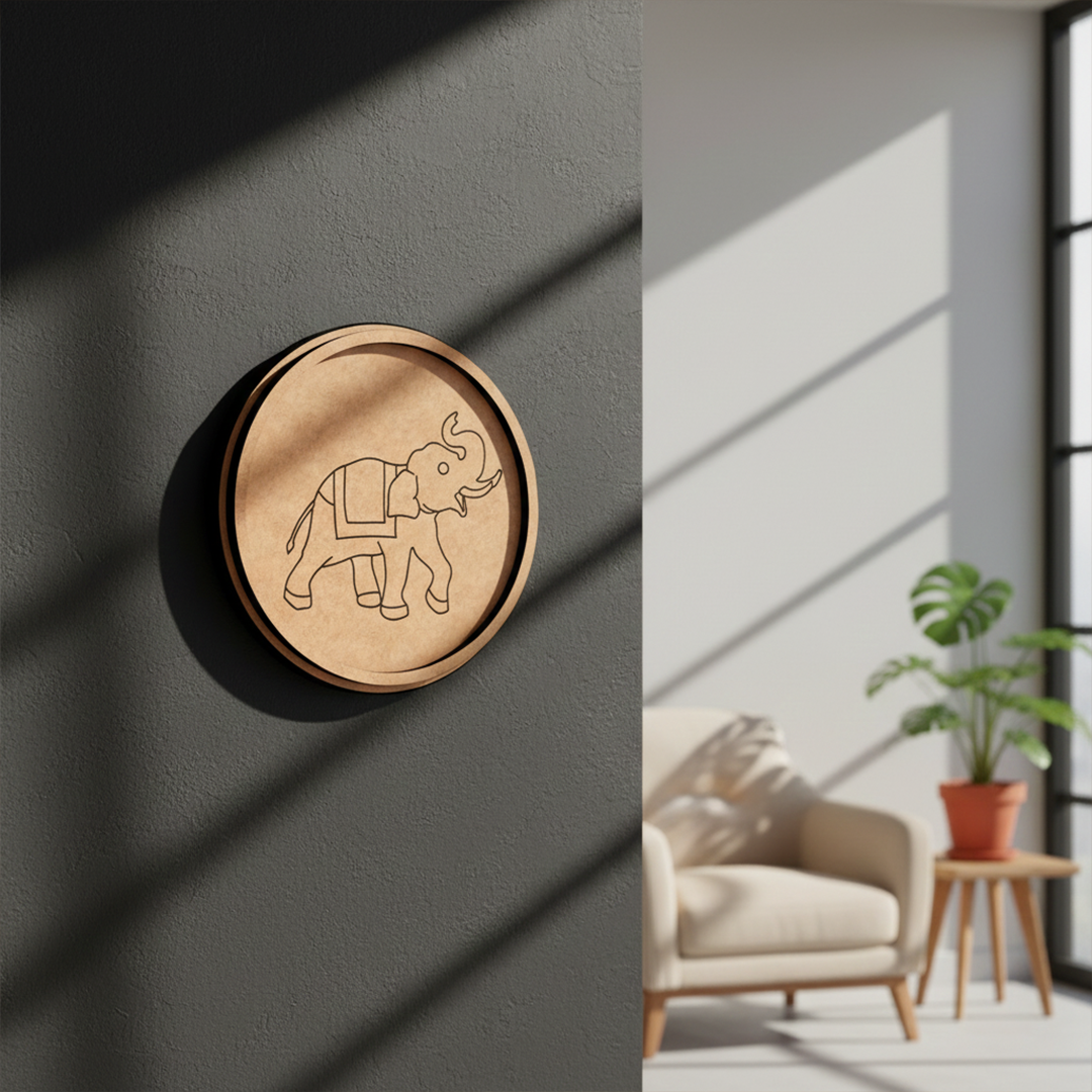 MDF Bordered Pre Marked Elephant Base for DIY Craft round board with engraved elephant outline hanging on wall