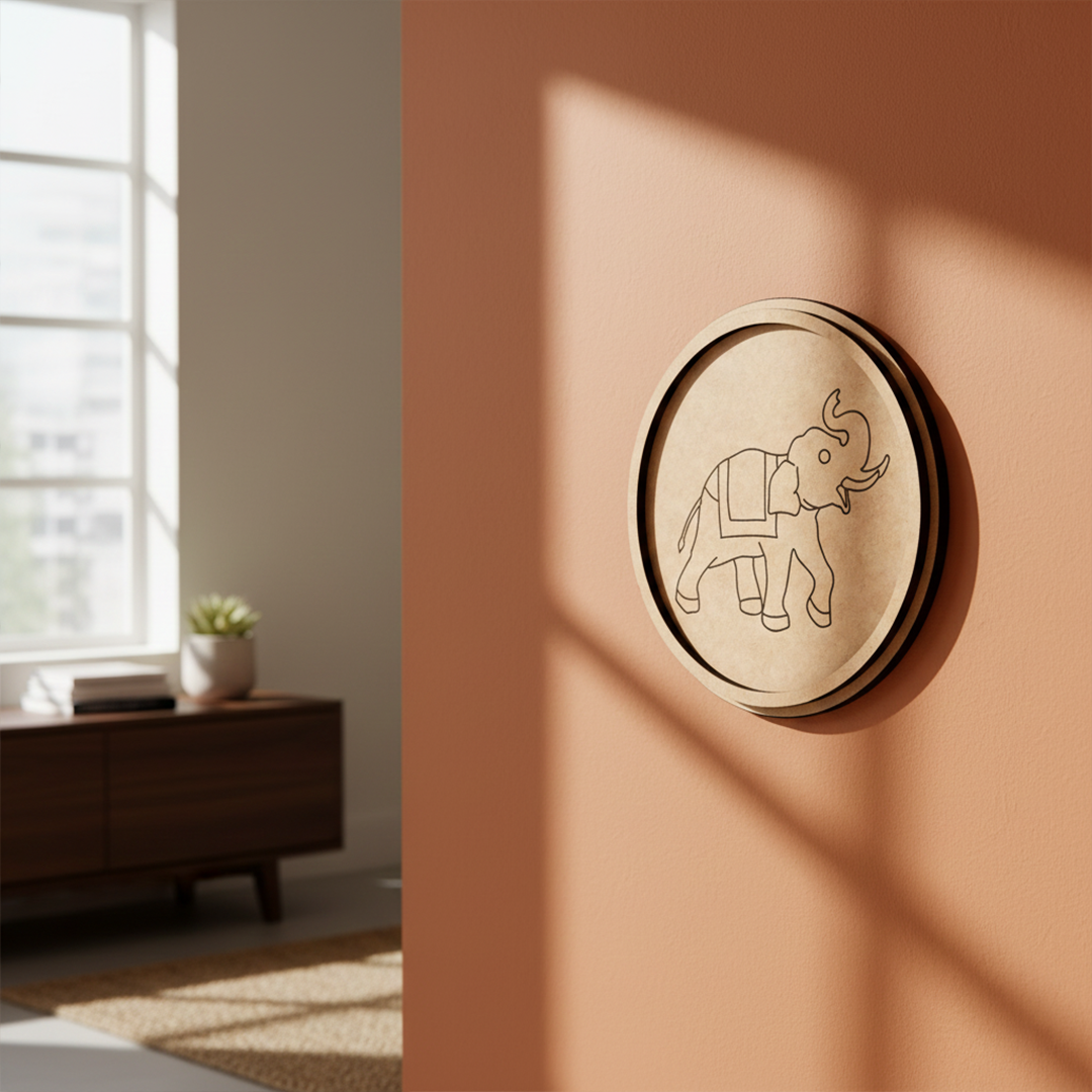 MDF Bordered Pre Marked Elephant Base for DIY Craft round board with engraved elephant outline hanging on wall