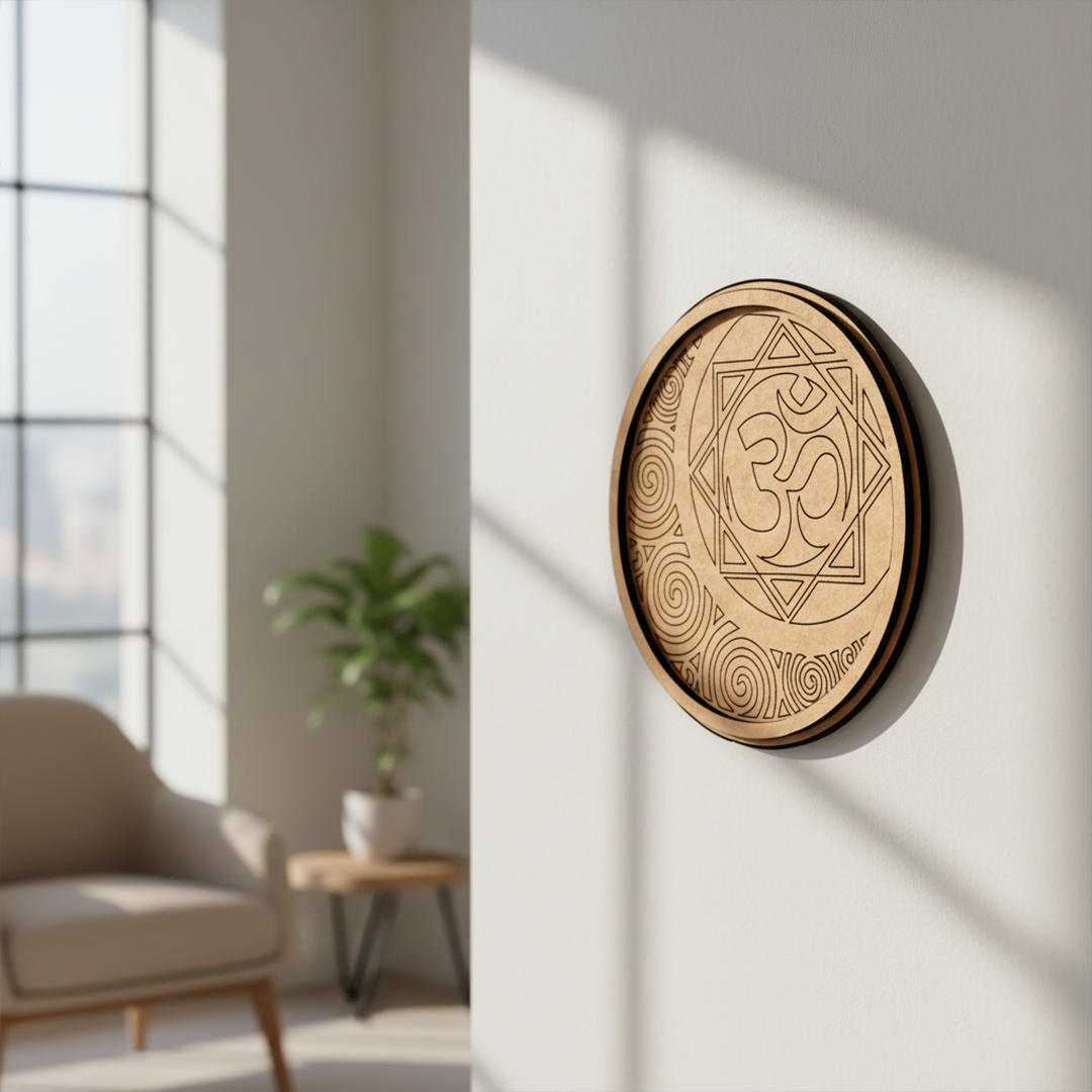 MDF Bordered Om Mandala Pre Marked Base for Painting round board with engraved spiritual design hanging on wall