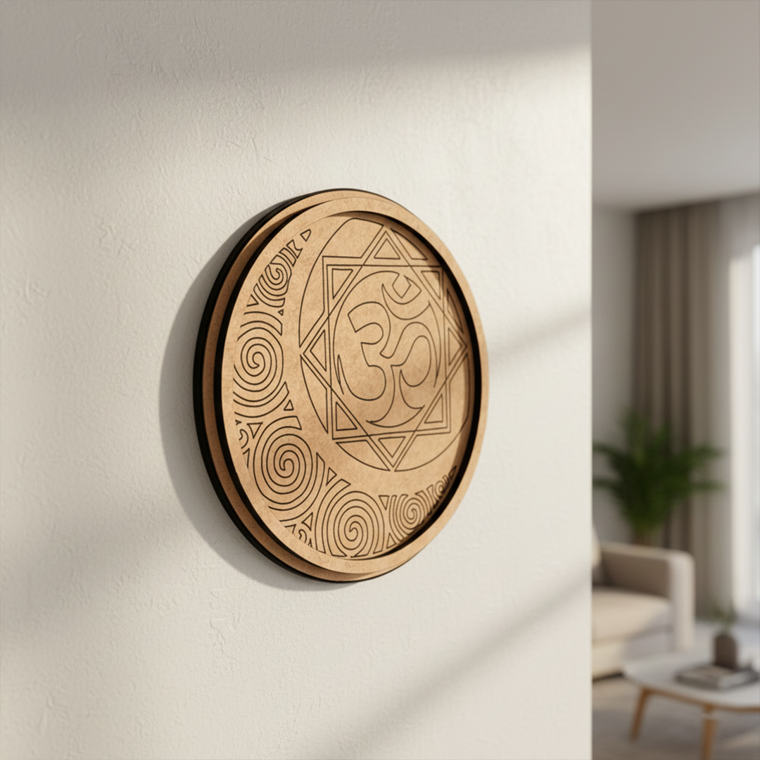 MDF Bordered Om Mandala Pre Marked Base for Painting round board with engraved spiritual design hanging on wall