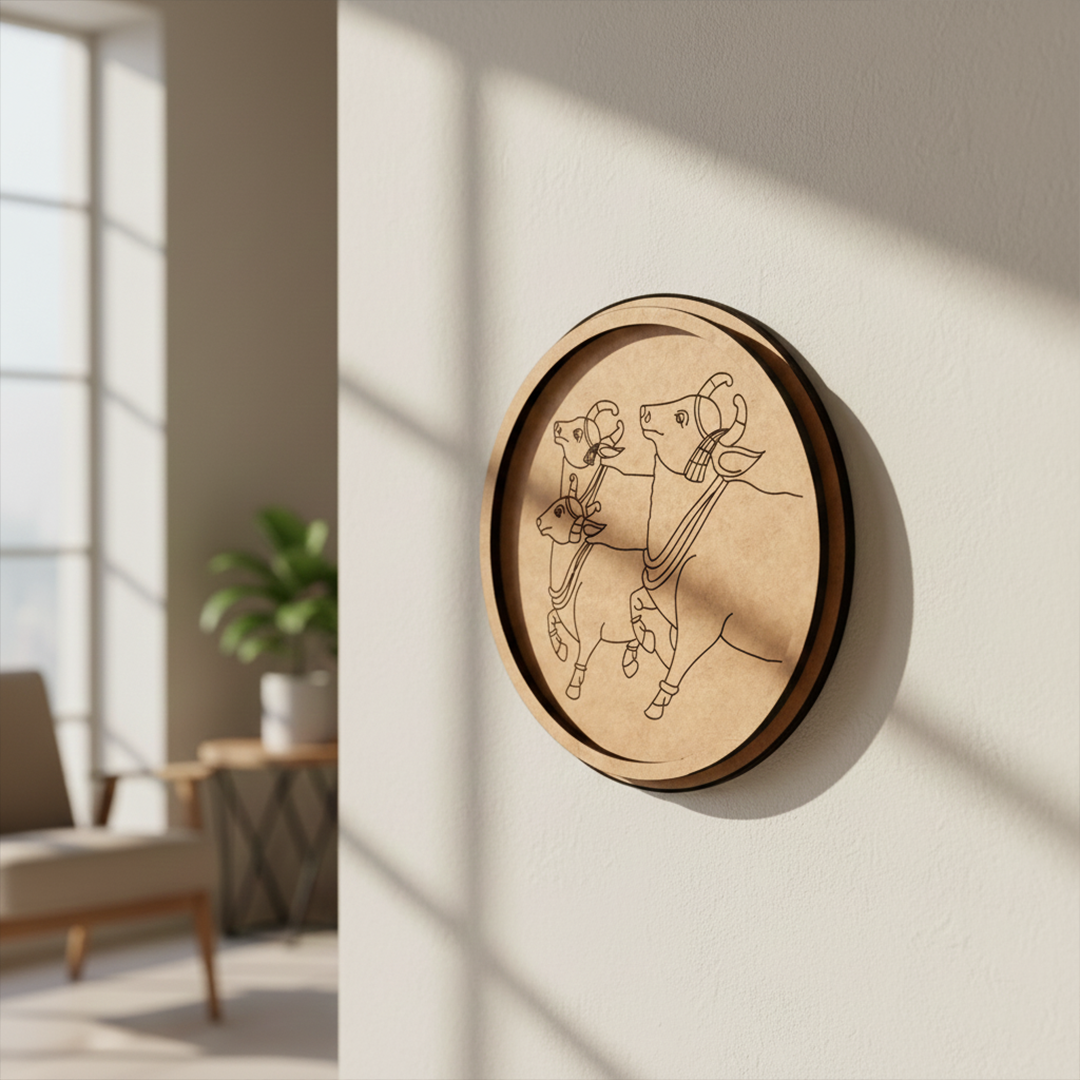 MDF Bordered Pre Marked Kamdhenu Cow Base for Painting round board with engraved cow outline hanging on wall