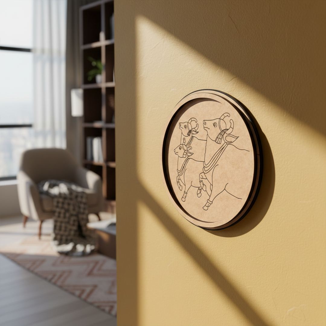 MDF Bordered Pre Marked Kamdhenu Cow Base for Painting round board with engraved cow outline hanging on wall