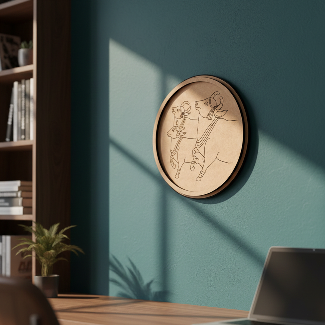 MDF Bordered Pre Marked Kamdhenu Cow Base for Painting round board with engraved cow outline hanging on wall