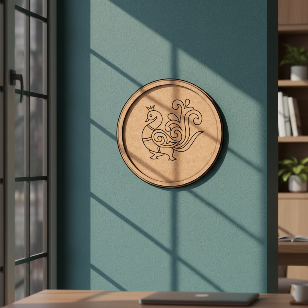 MDF Bordered Pre Marked Peacock Base for Painting round board with engraved peacock design hanging on wall