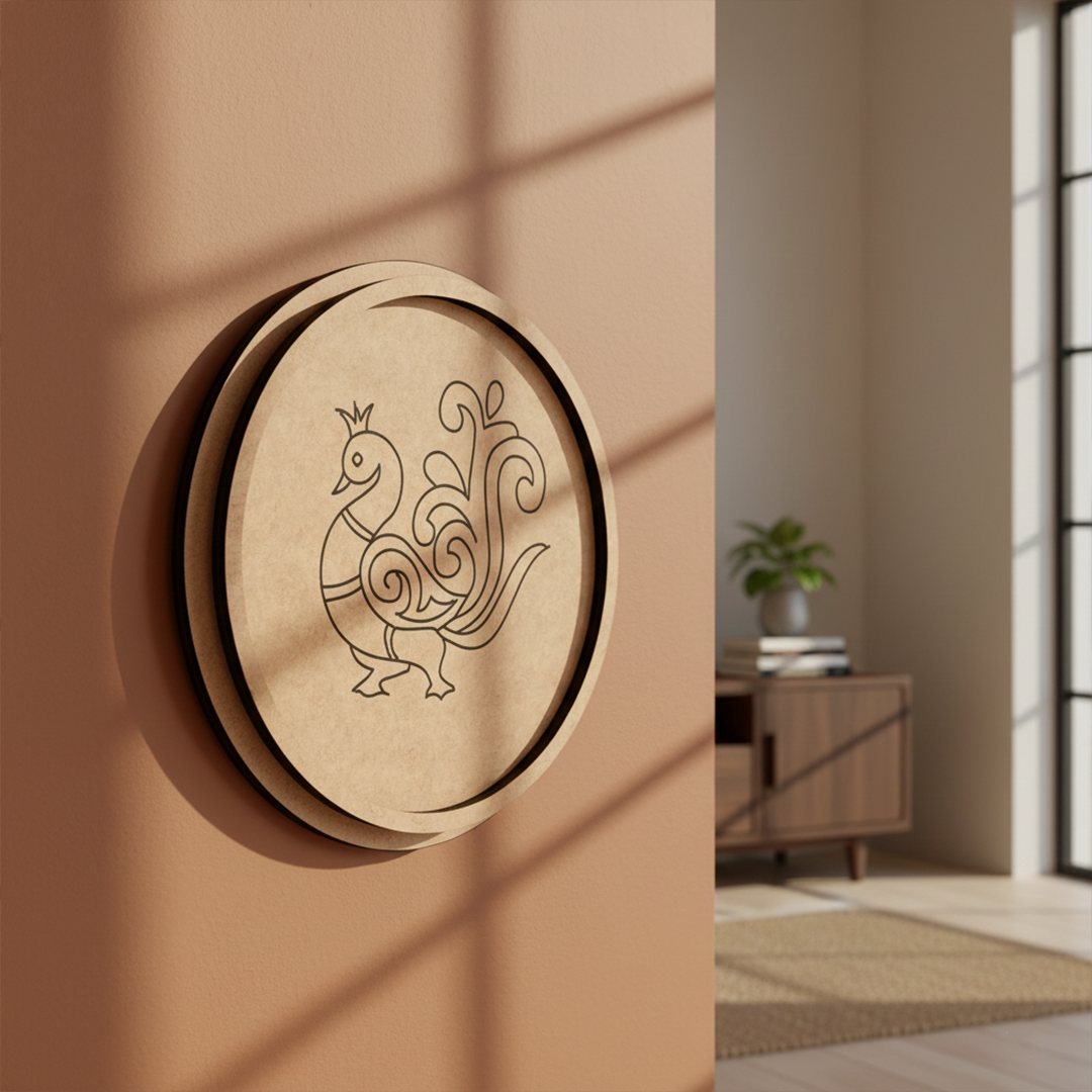 MDF Bordered Pre Marked Peacock Base for Painting round board with engraved peacock design hanging on wall