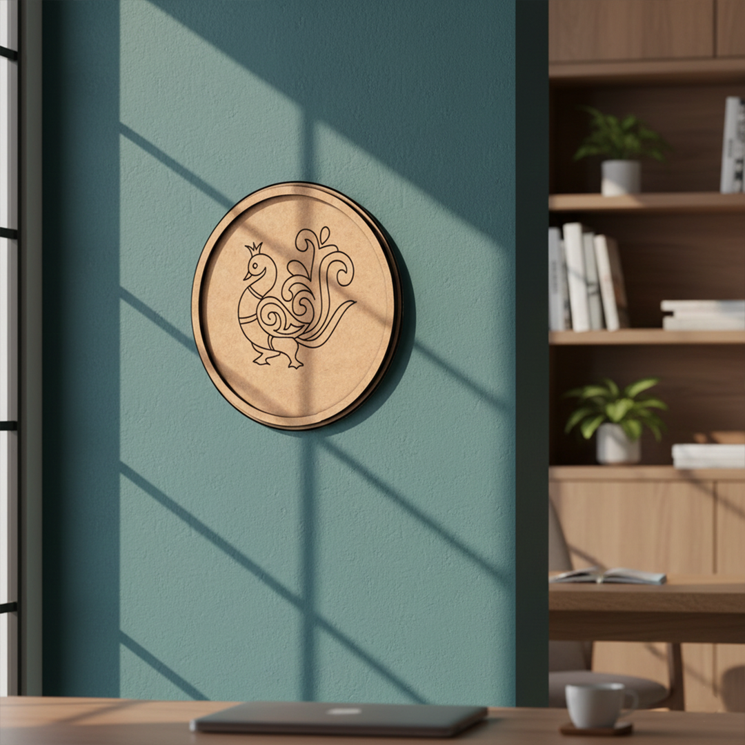 MDF Bordered Pre Marked Peacock Base for Painting round board with engraved peacock design hanging on wall