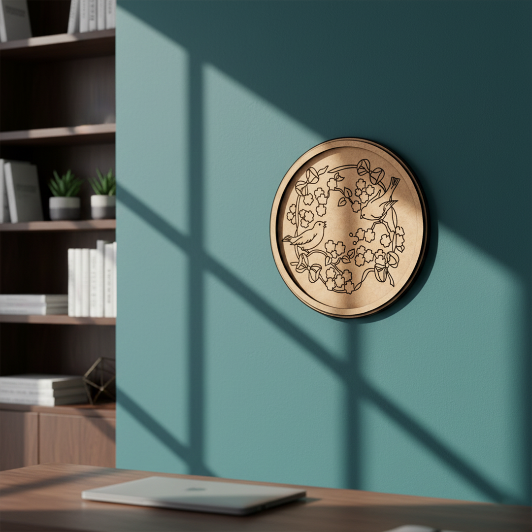 MDF Bordered Pre Marked Birds Floral Base for Painting round board with engraved birds and flower design hanging on wall