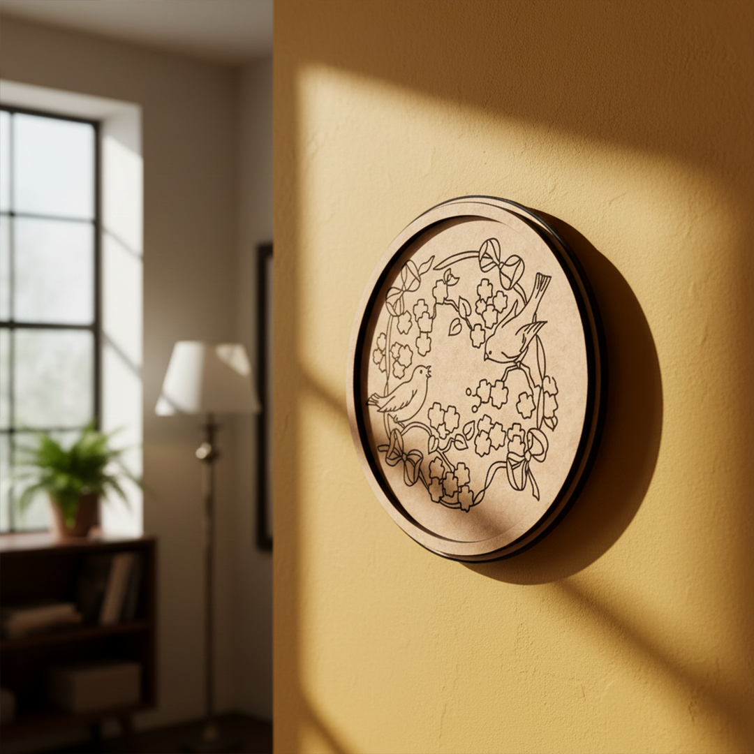 MDF Bordered Pre Marked Birds Floral Base for Painting round board with engraved birds and flower design hanging on wall
