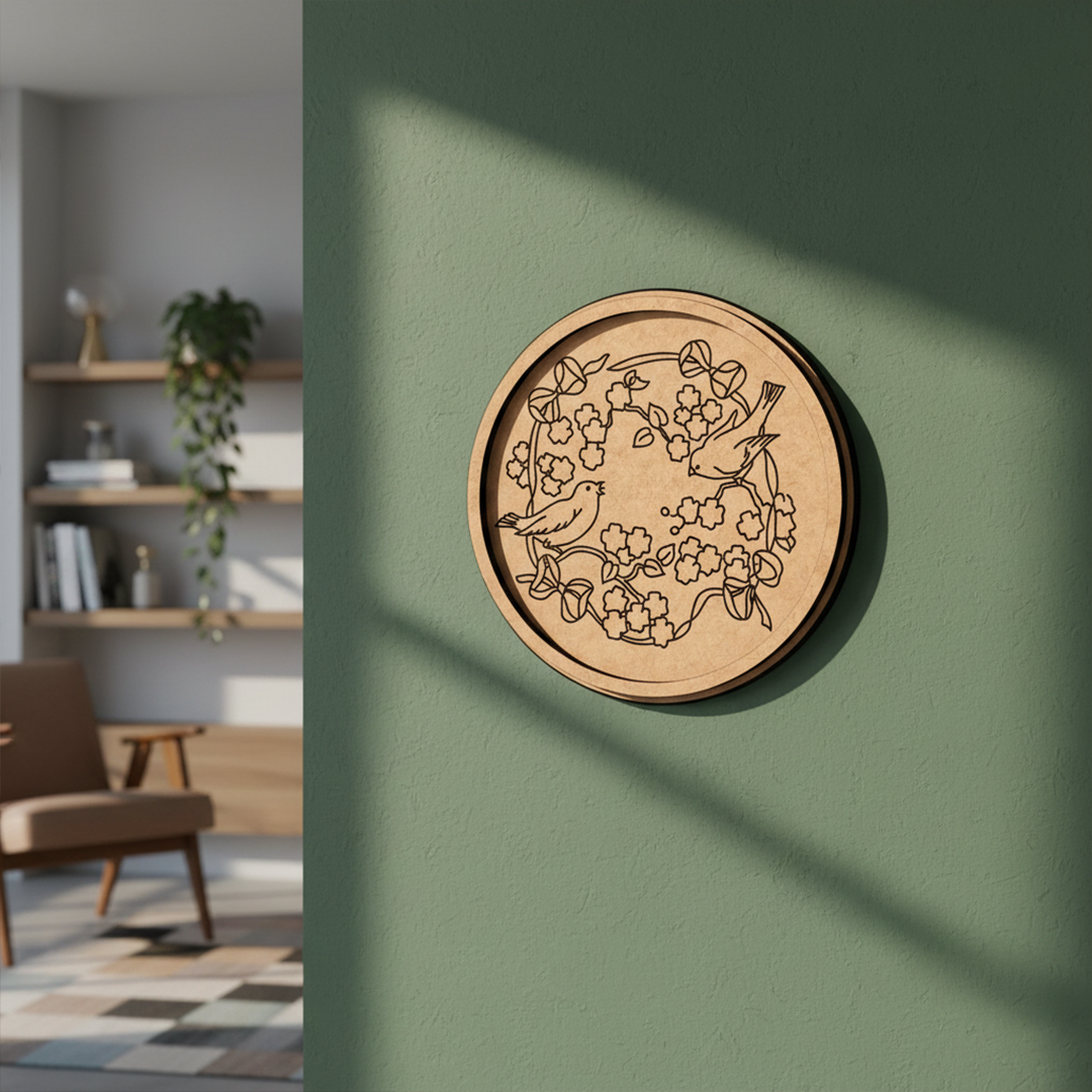 MDF Bordered Pre Marked Birds Floral Base for Painting round board with engraved birds and flower design hanging on wall