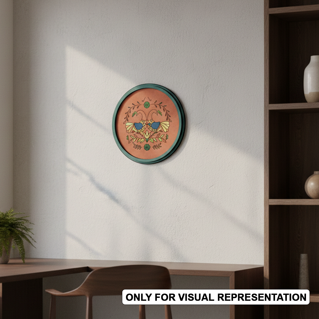 MDF Bordered painted Pre Marked Twin Birds Floral Base round board with engraved bird and floral design hanging on a wall