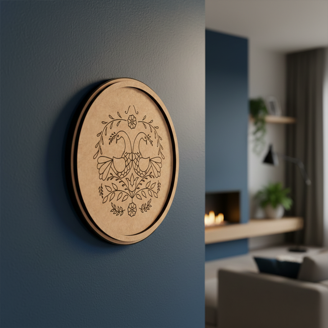 MDF Bordered Pre Marked Twin Birds Floral Base round board with engraved bird and floral design hanging on a wall