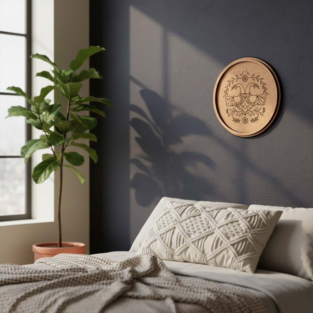 MDF Bordered Pre Marked Twin Birds Floral Base round board with engraved bird and floral design hanging on a wall