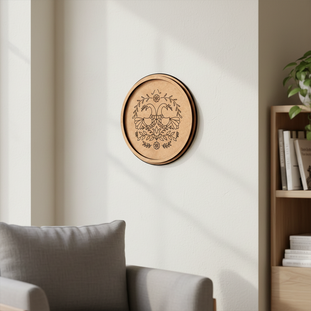 MDF Bordered Pre Marked Twin Birds Floral Base round board with engraved bird and floral design hanging on a wall