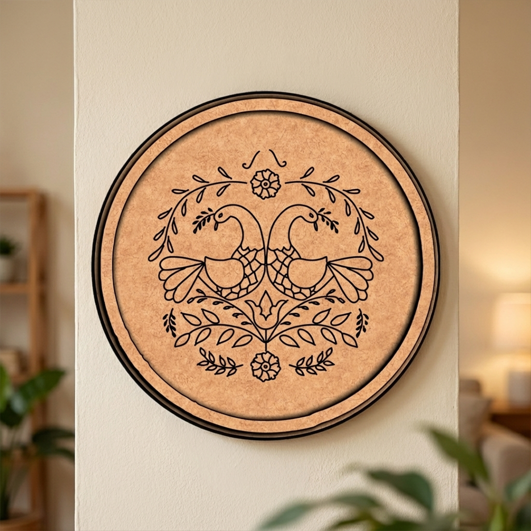 MDF Bordered Pre Marked Twin Birds Floral Base round board with engraved bird and floral design hanging on a pillar