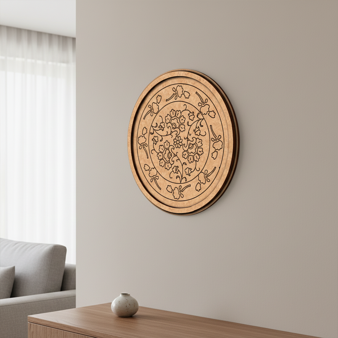MDF Bordered Pre Marked Floral Mandala Base round board with engraved floral mandala design hanging on wall