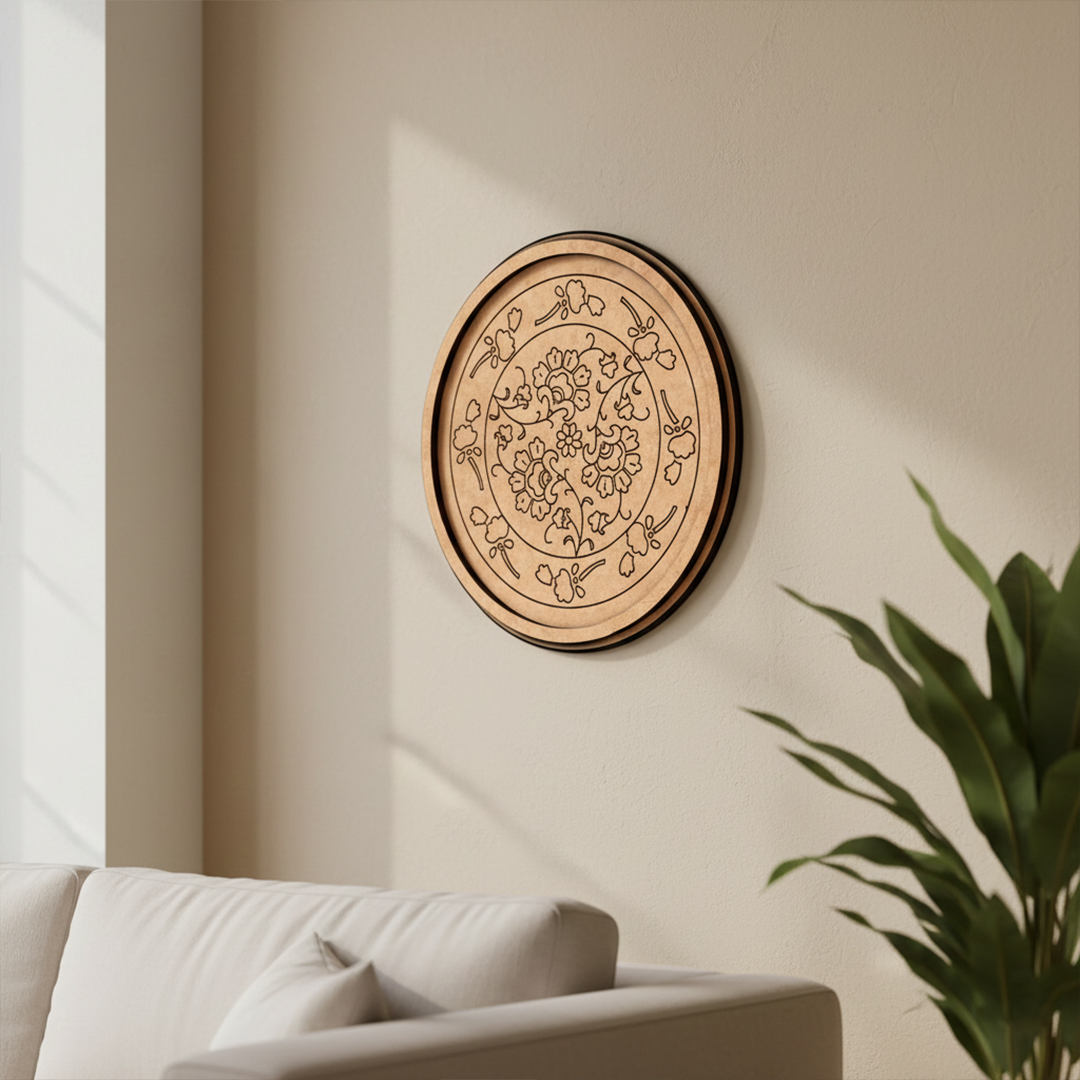 MDF Bordered Pre Marked Floral Mandala Base round board with engraved floral mandala design hanging on wall