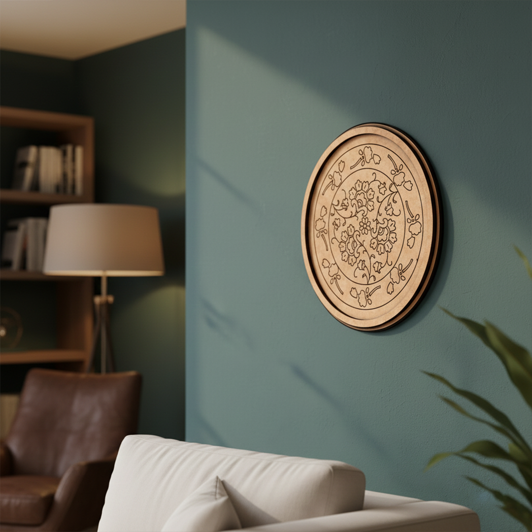 MDF Bordered Pre Marked Floral Mandala Base round board with engraved floral mandala design hanging on wall