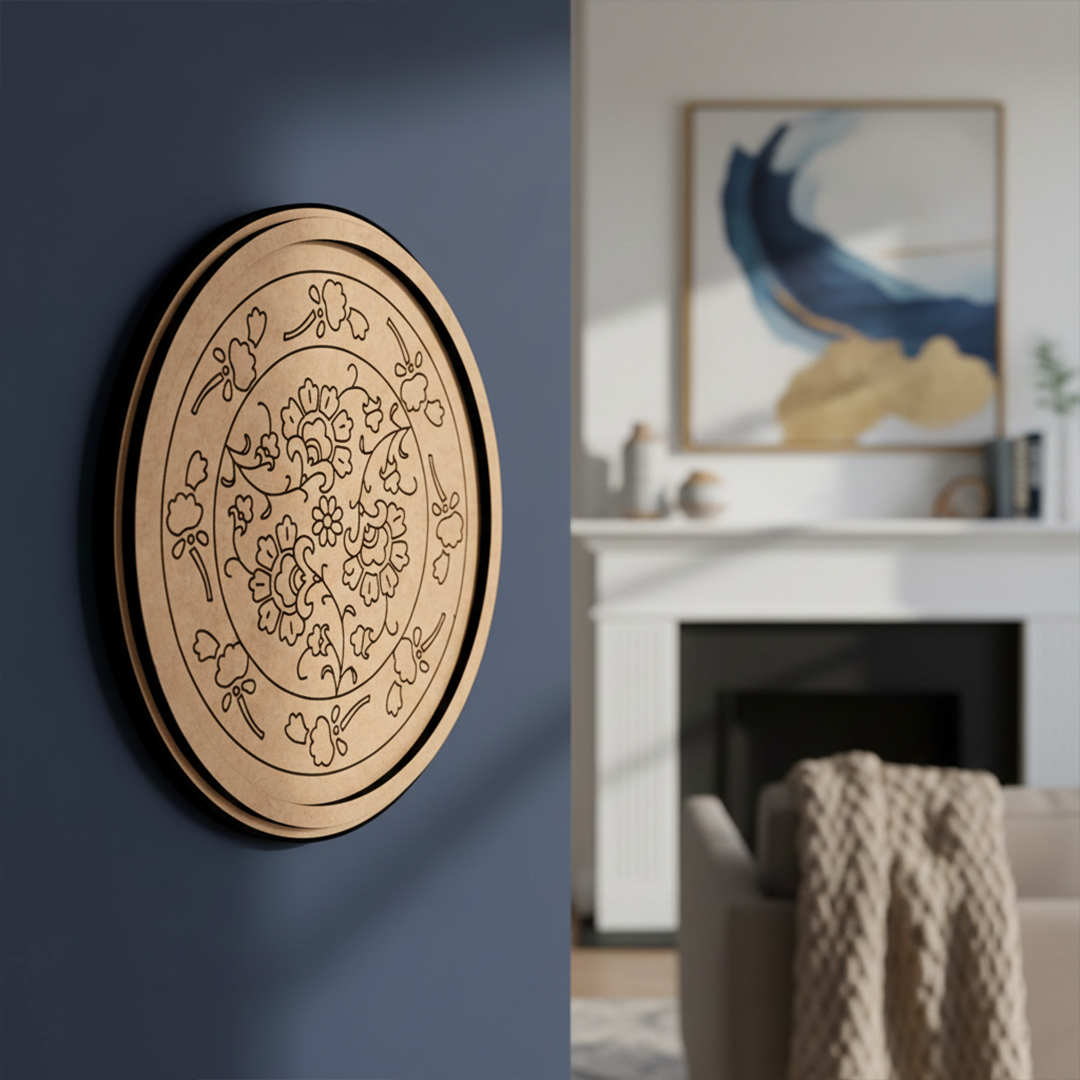 MDF Bordered Pre Marked Floral Mandala Base round board with engraved floral mandala design hanging on wall