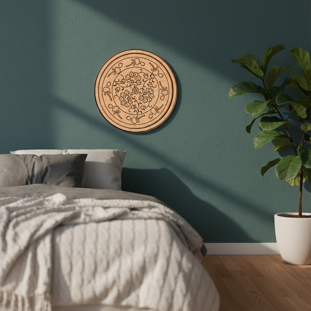 MDF Bordered Pre Marked Floral Mandala Base round board with engraved floral mandala design hanging on wall