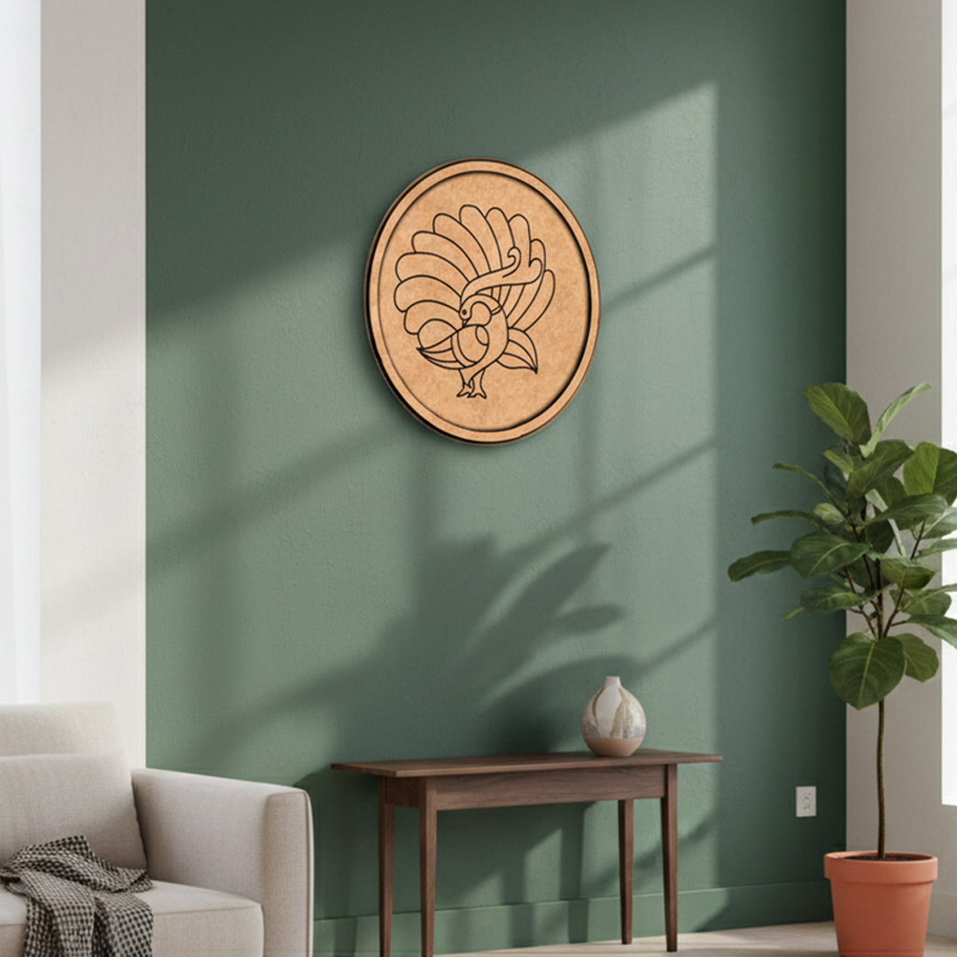 MDF Bordered Pre Marked Dancing Peacock Base round board with engraved peacock design hanging on wall