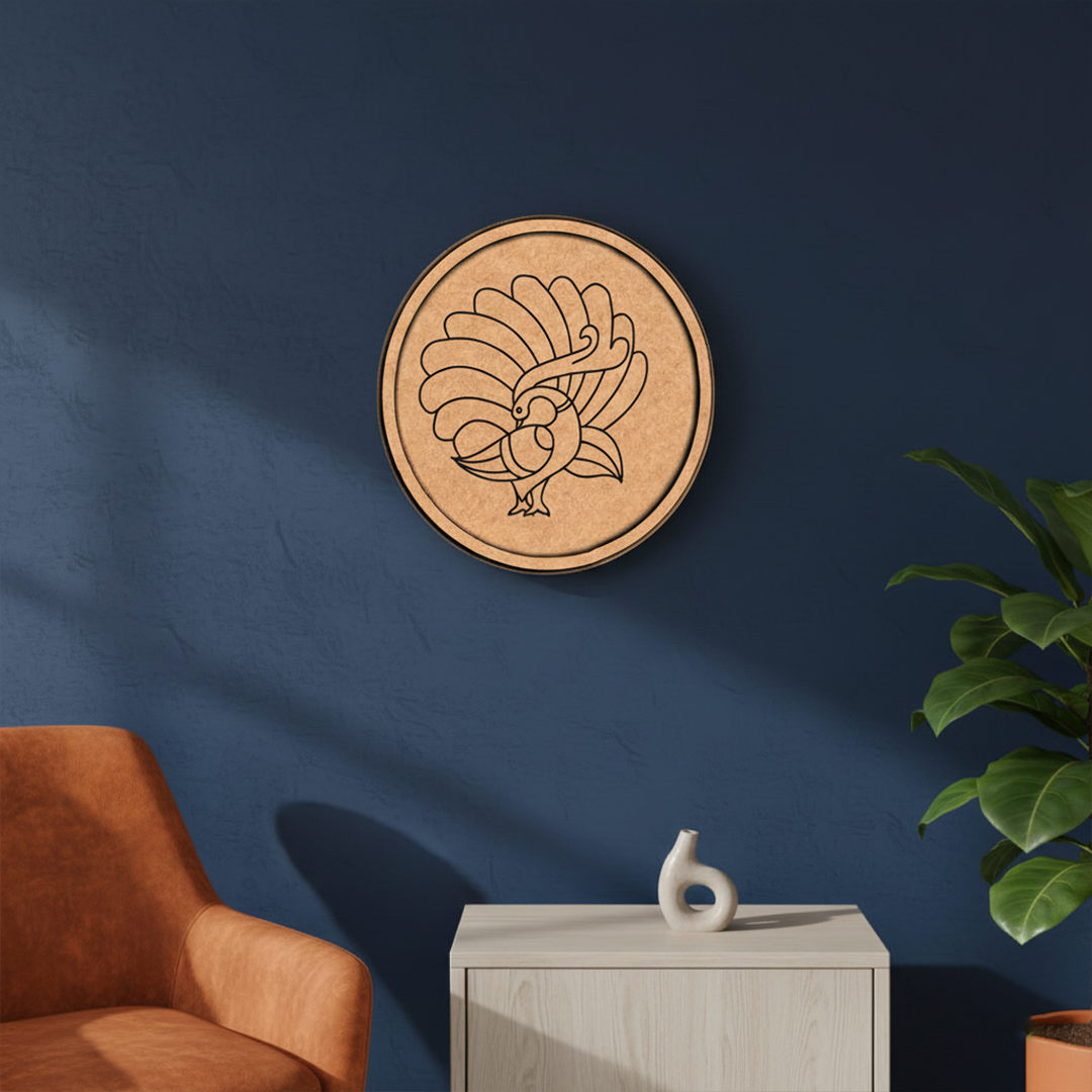MDF Bordered Pre Marked Dancing Peacock Base round board with engraved peacock design hanging on wall