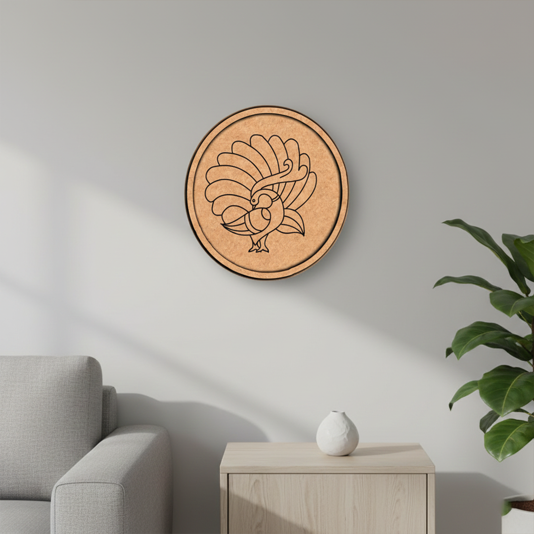 MDF Bordered Pre Marked Dancing Peacock Base round board with engraved peacock design hanging on wall