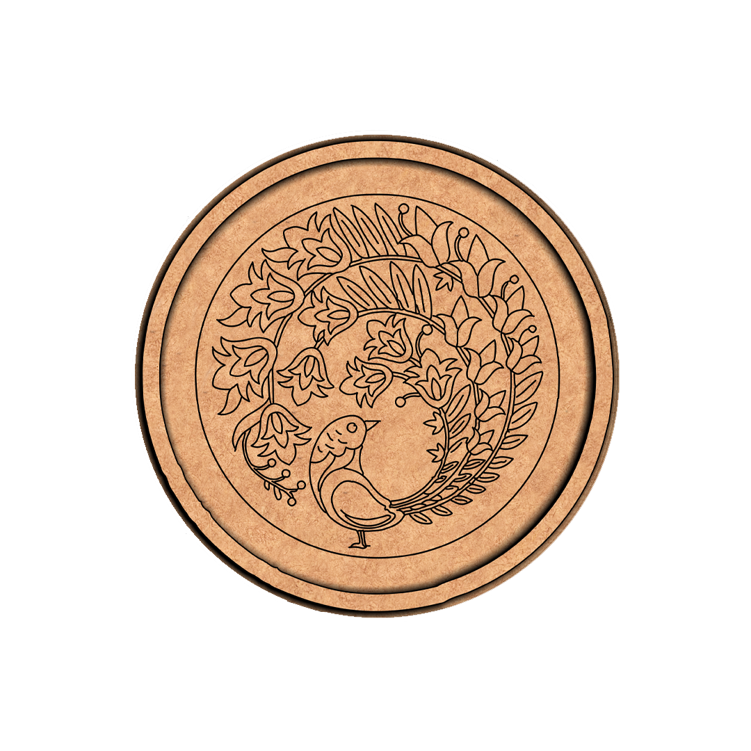 MDF Bordered Pre Marked Peacock Floral Base round board with engraved peacock and floral design