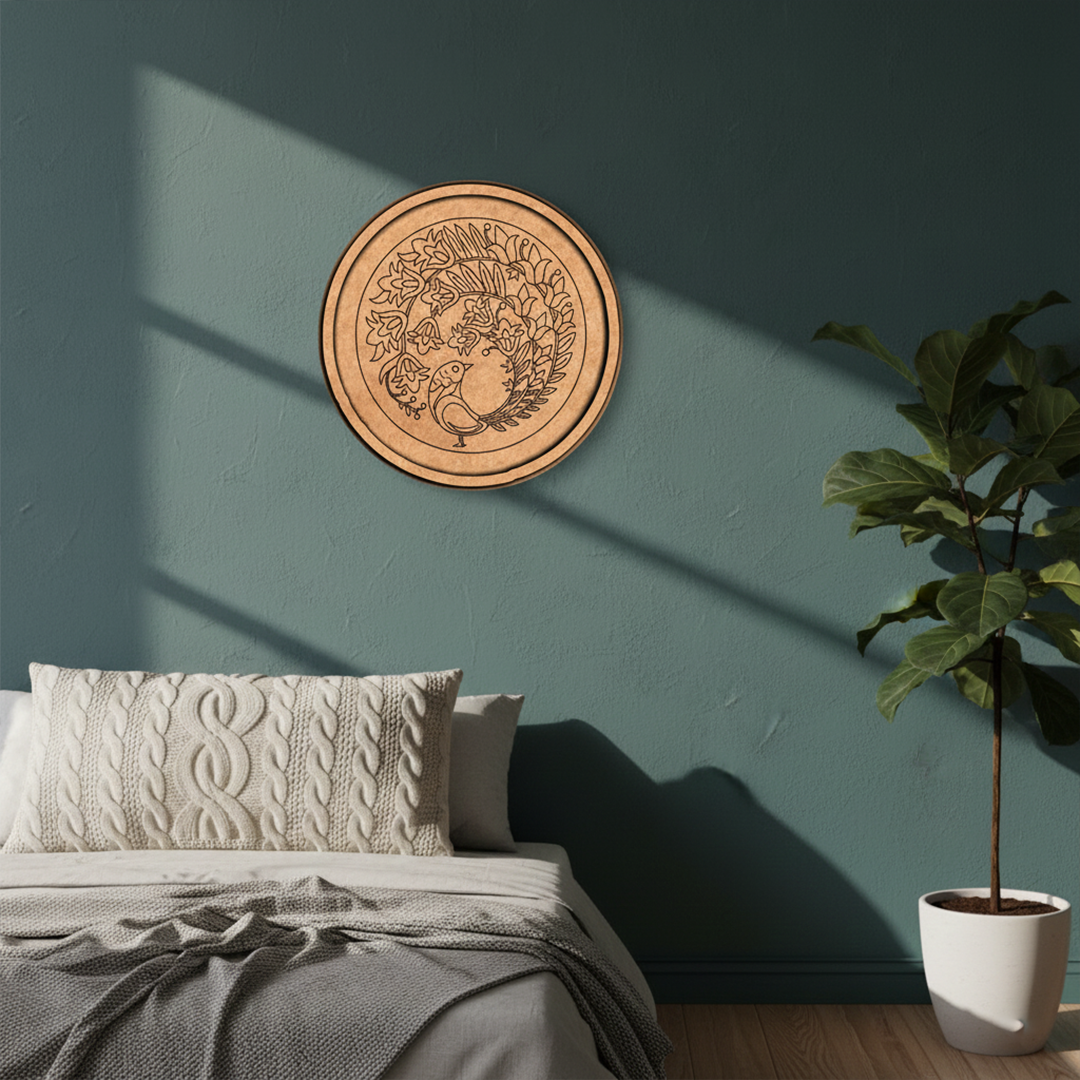 MDF Bordered Pre Marked Peacock Floral Base round board with engraved peacock and floral design hanging on a wall