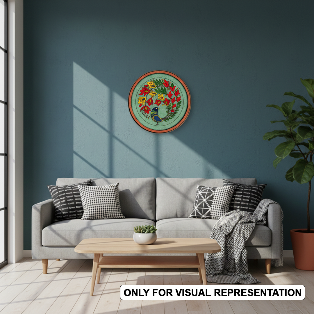 MDF Bordered painted  Pre Marked Peacock Floral Base round board with engraved peacock and floral design hanging on a wall