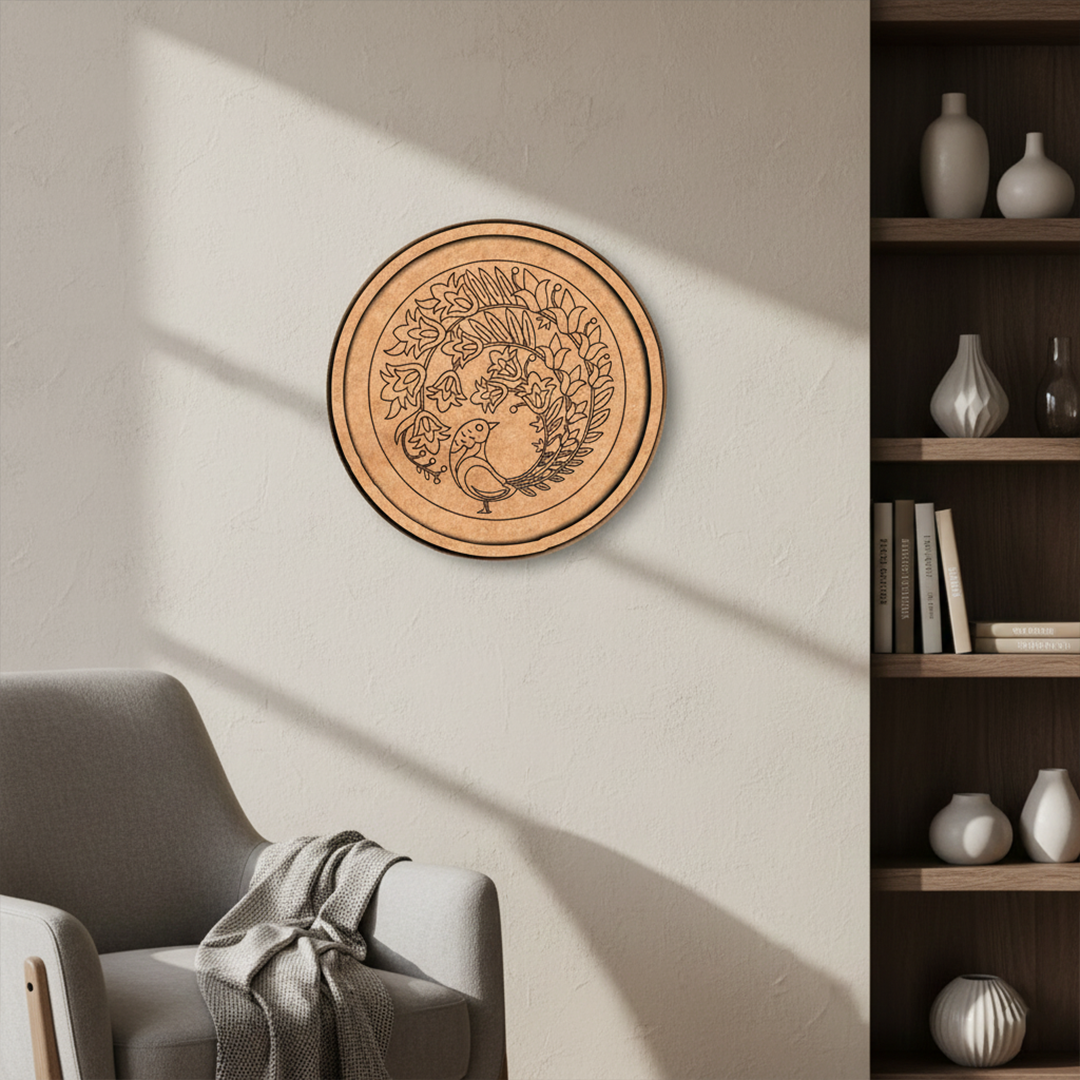 MDF Bordered Pre Marked Peacock Floral Base round board with engraved peacock and floral design hanging on a wall