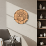 MDF Bordered Pre Marked Peacock Floral Base round board with engraved peacock and floral design hanging on a wall