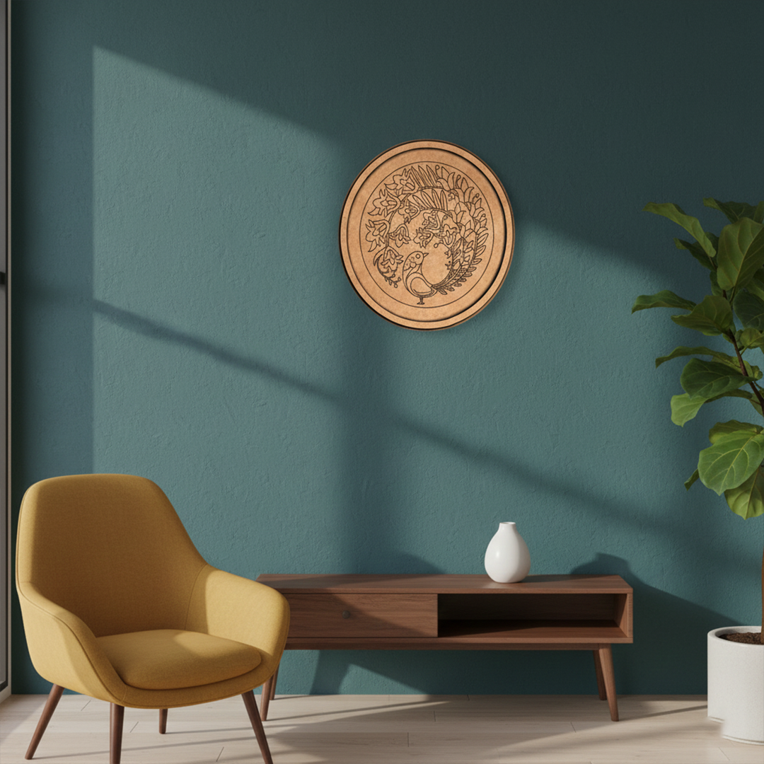 MDF Bordered Pre Marked Peacock Floral Base round board with engraved peacock and floral design hanging on a wall
