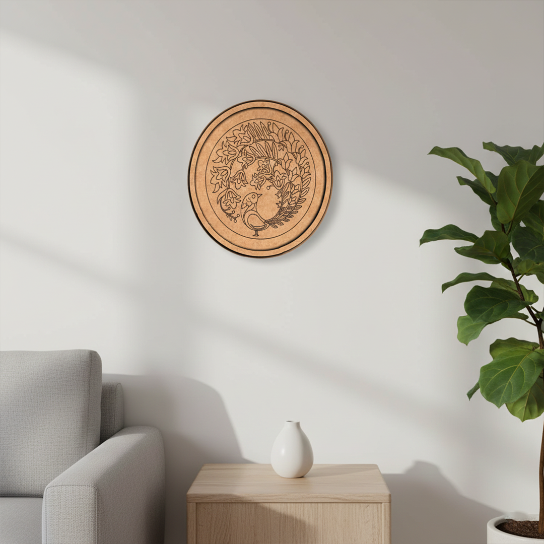 MDF Bordered Pre Marked Peacock Floral Base round board with engraved peacock and floral design hanging on a wall