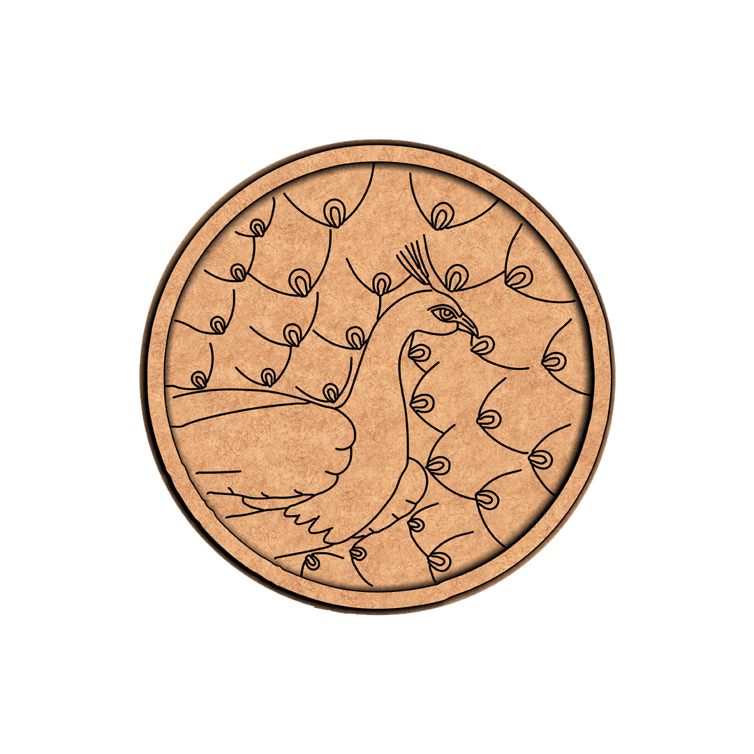 MDF Bordered Pre Marked Full Feather Peacock Base round board with engraved peacock feather design