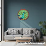 MDF Bordered painted Pre Marked Full Feather Peacock Base round board with engraved peacock feather design hanging on a wall