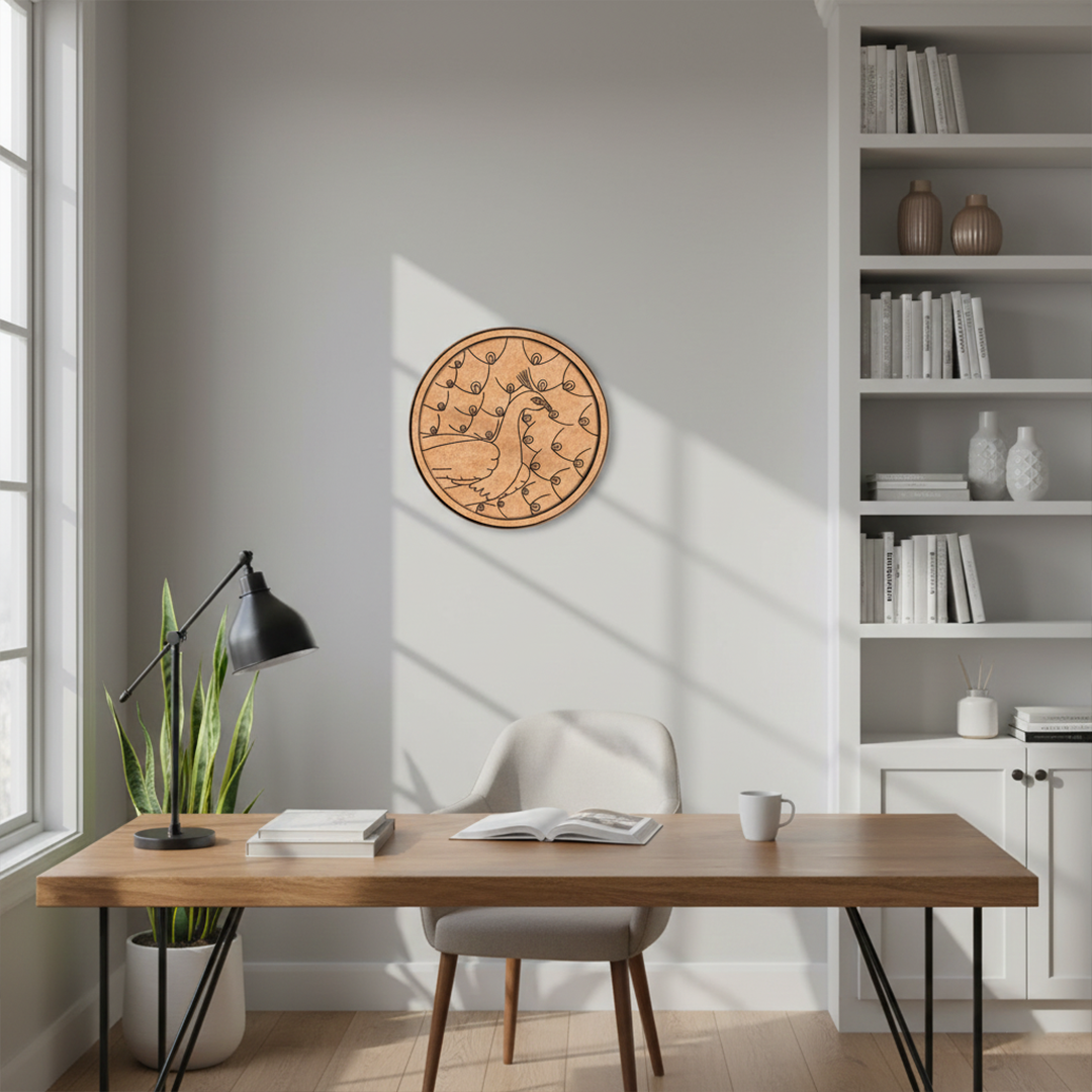 MDF Bordered Pre Marked Full Feather Peacock Base round board with engraved peacock feather design hanging on a wall