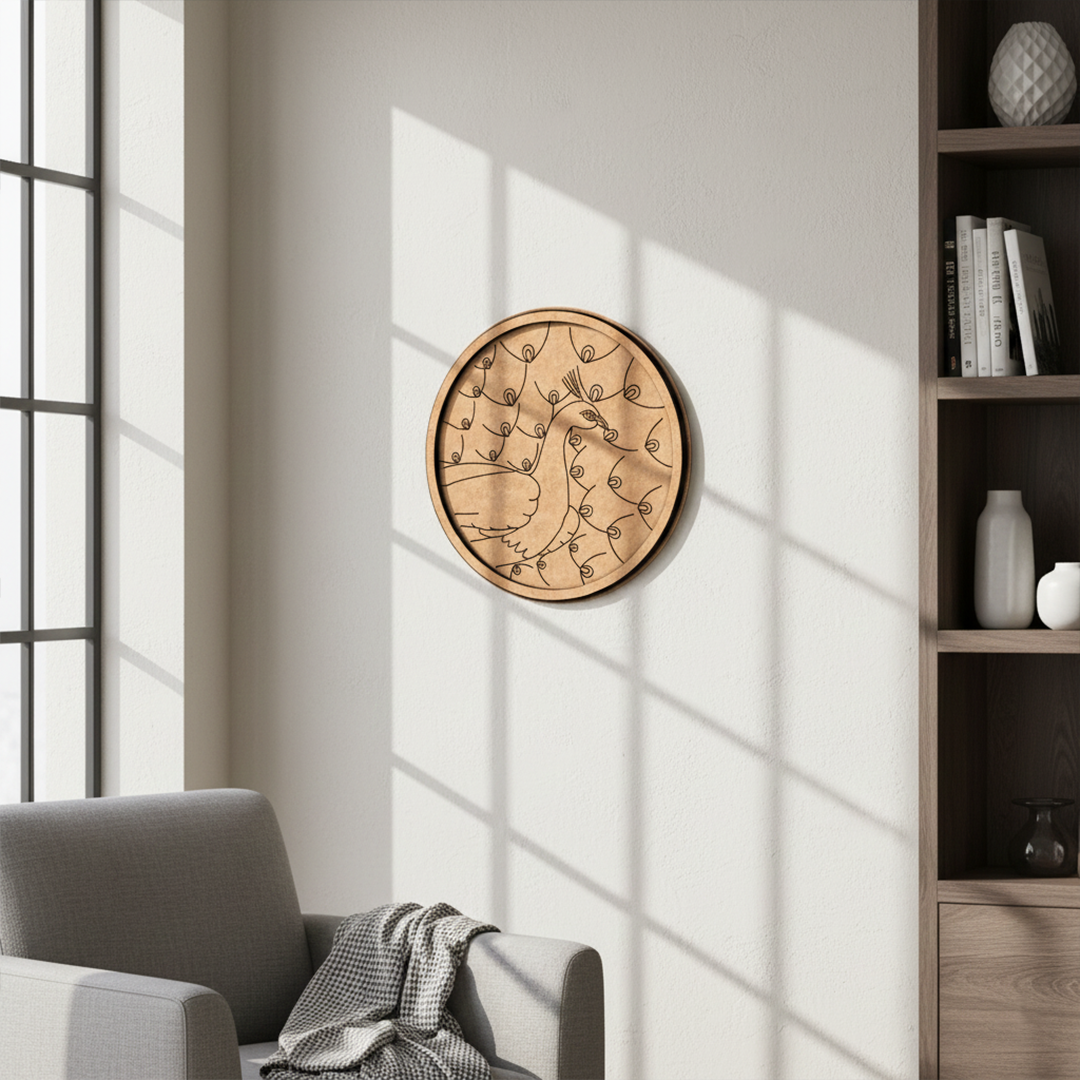 MDF Bordered Pre Marked Full Feather Peacock Base round board with engraved peacock feather design hanging on a wall